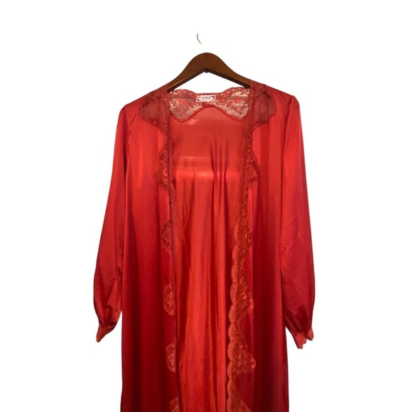 Vintage Brick Red Maxi lingerie lace long sleeve robe duster nightgown kimono - Picture 5 of 10